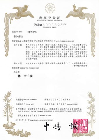 『骨気療法』商標登録証